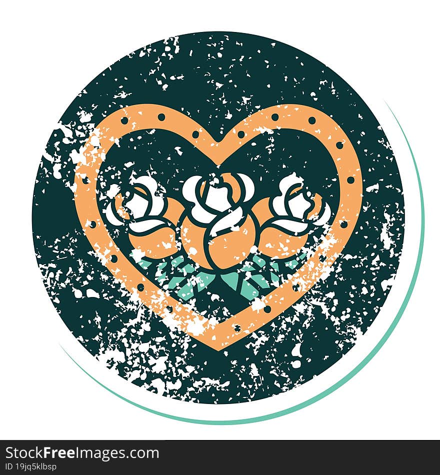 iconic distressed sticker tattoo style image of a heart and flowers. iconic distressed sticker tattoo style image of a heart and flowers