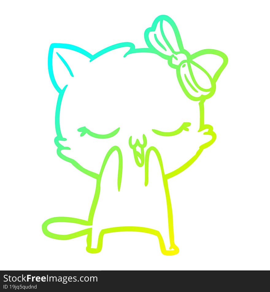 Cold Gradient Line Drawing Cartoon Cat With Bow On Head