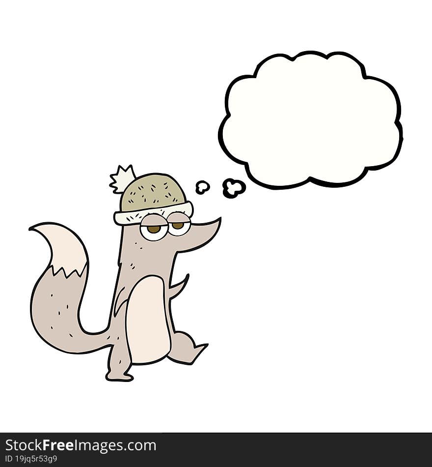 freehand drawn thought bubble cartoon little wolf wearing hat