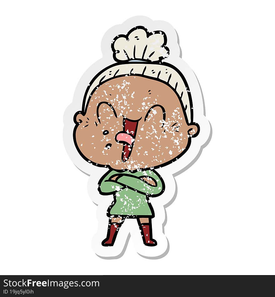 distressed sticker of a cartoon happy old woman