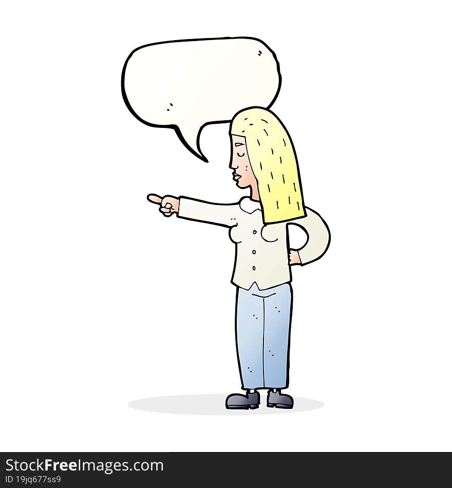 cartoon woman pointing with speech bubble