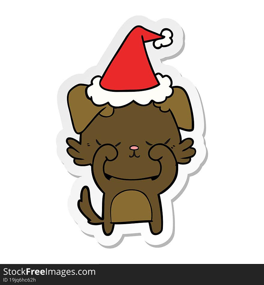 Cute Sticker Cartoon Of A Dog Wearing Santa Hat