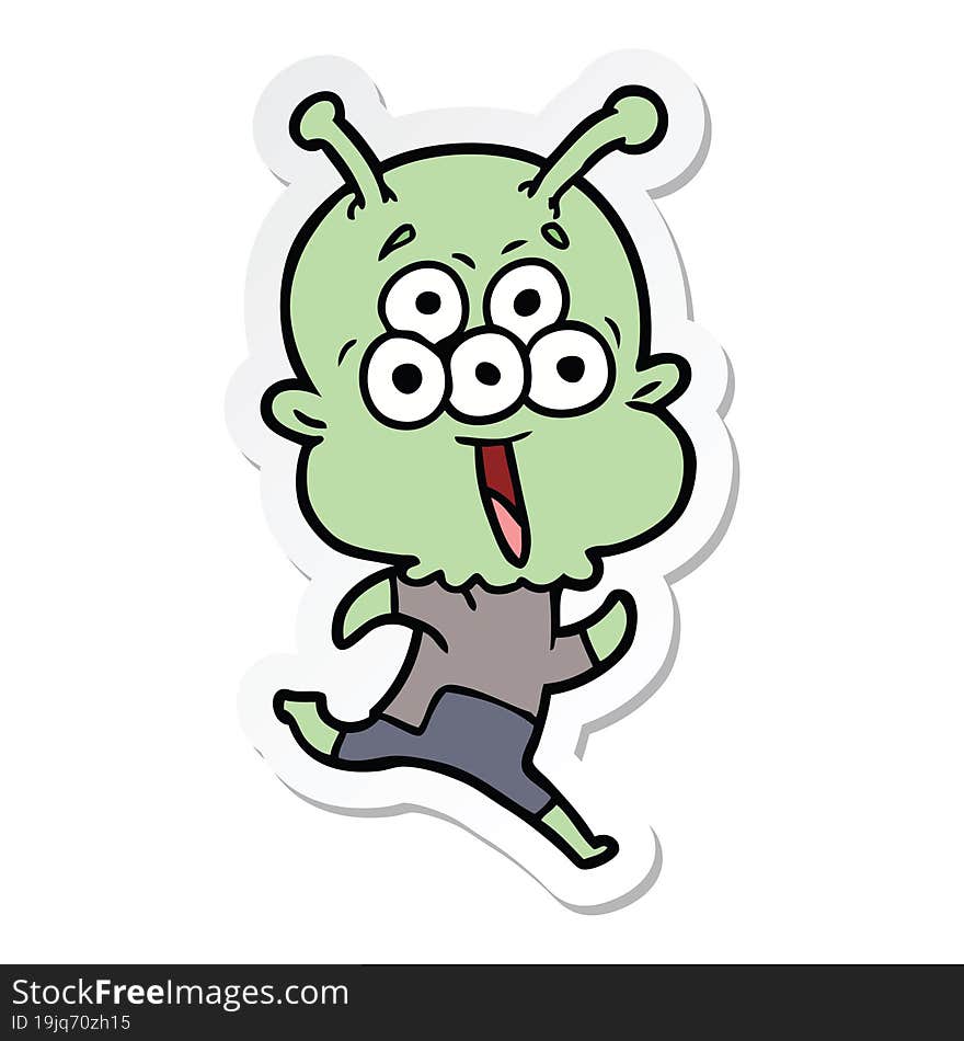 sticker of a happy cartoon alien running