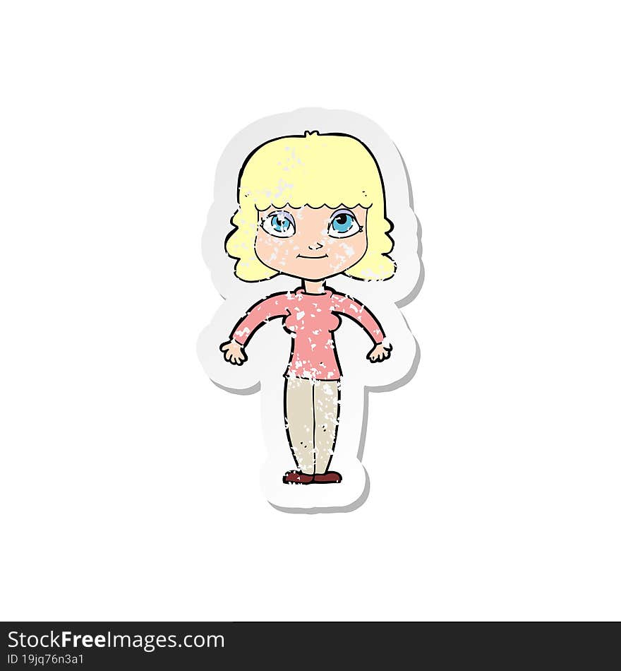 retro distressed sticker of a cartoon woman shrugging shoulders