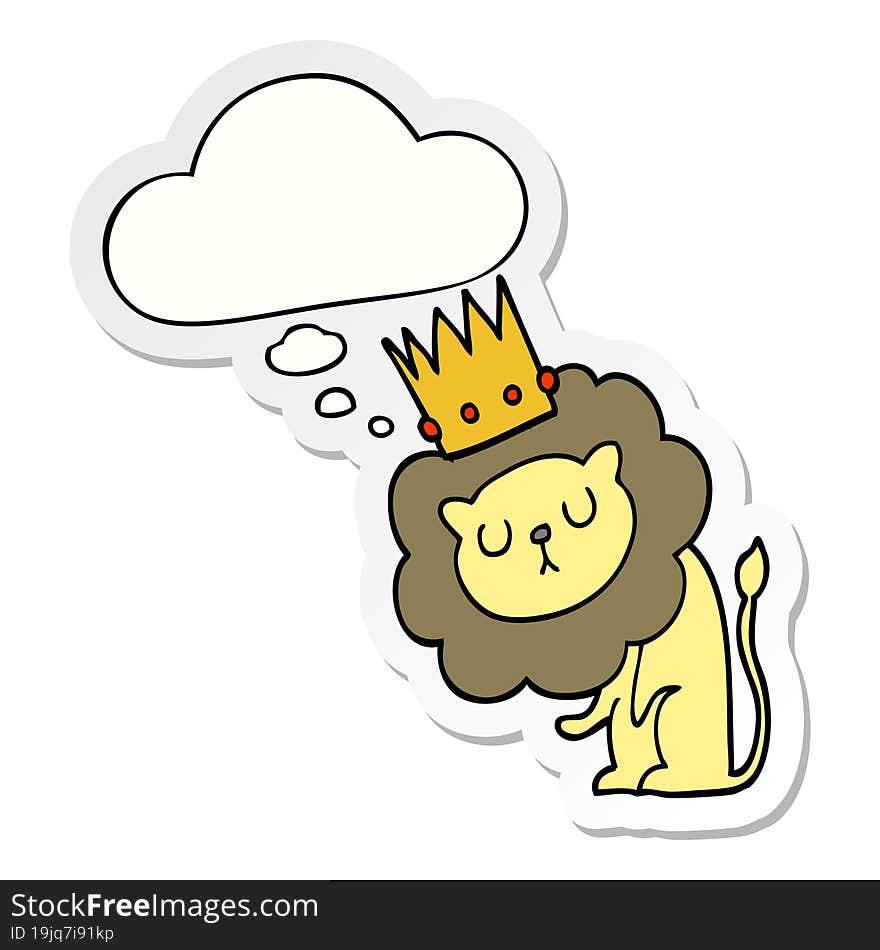 cartoon lion with crown and thought bubble as a printed sticker