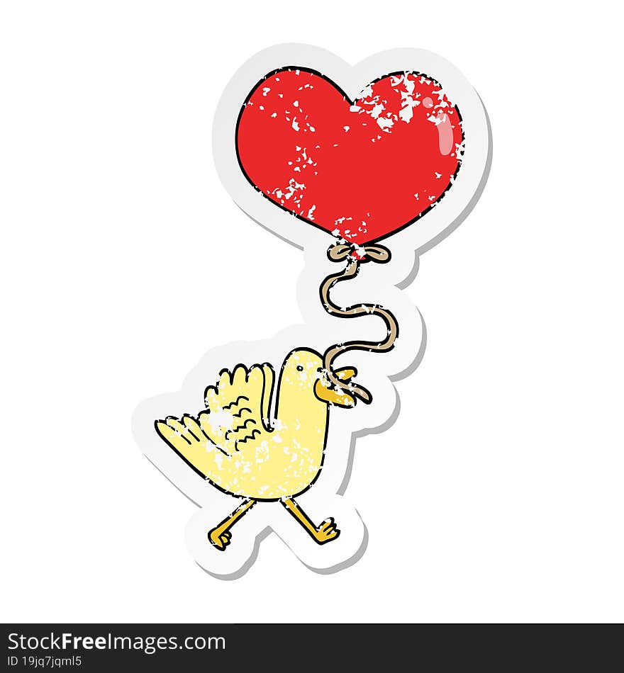 distressed sticker of a cartoon bird with heart balloon