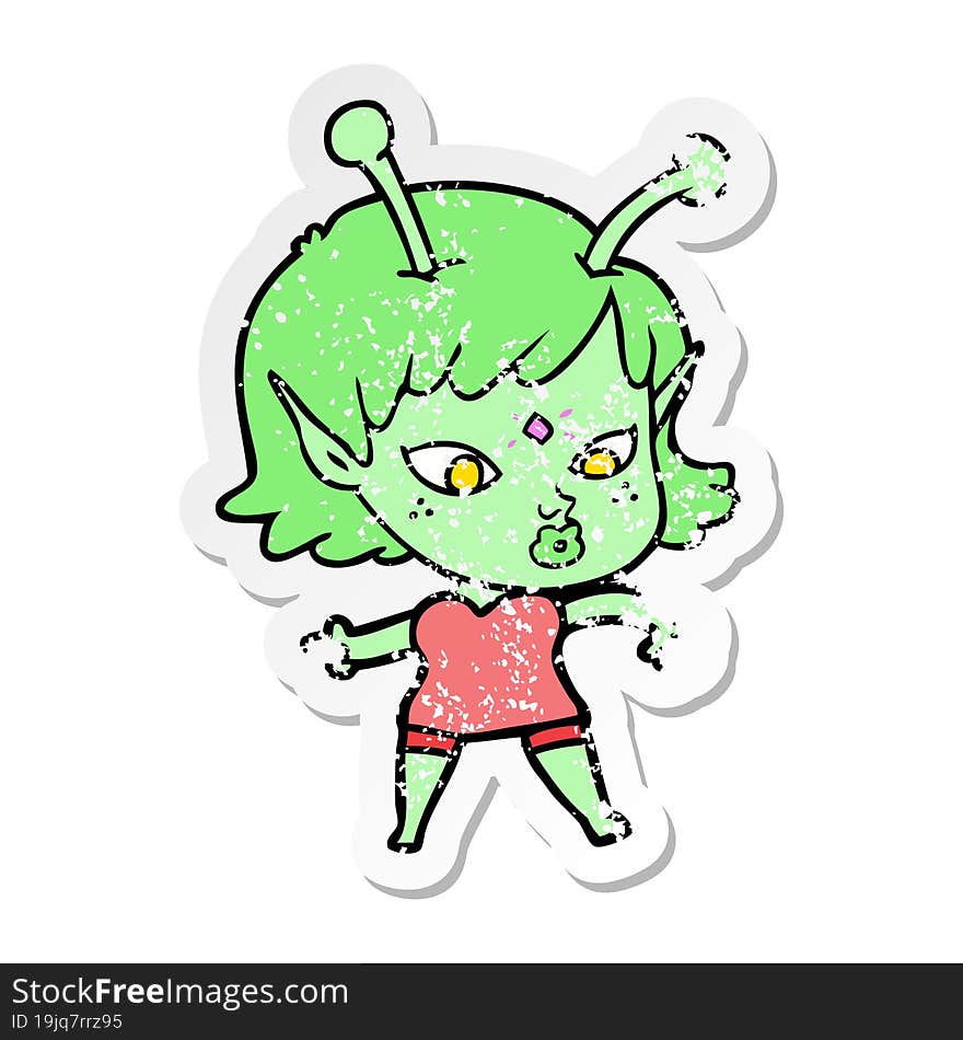 Distressed Sticker Of A Pretty Cartoon Alien Girl