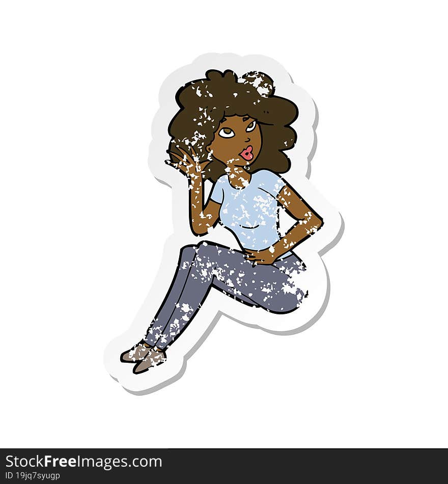 Retro Distressed Sticker Of A Cartoon Woman Listening