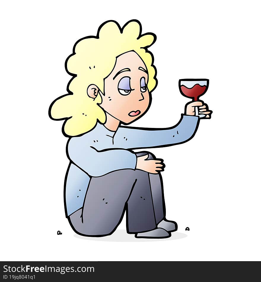 cartoon unhappy woman with glass of wine