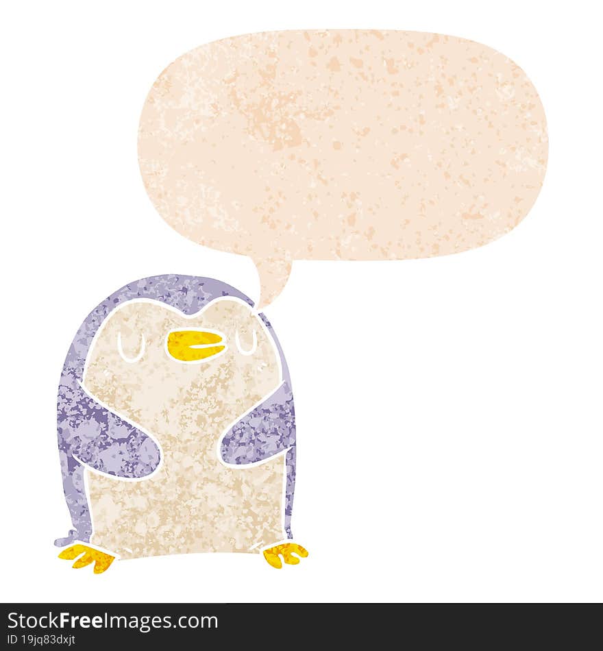 cartoon penguin and speech bubble in retro textured style