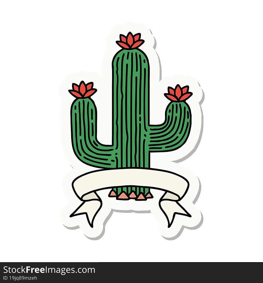 tattoo style sticker with banner of a cactus