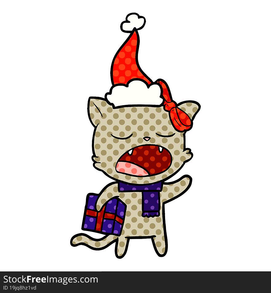 Comic Book Style Illustration Of A Cat With Christmas Present Wearing Santa Hat