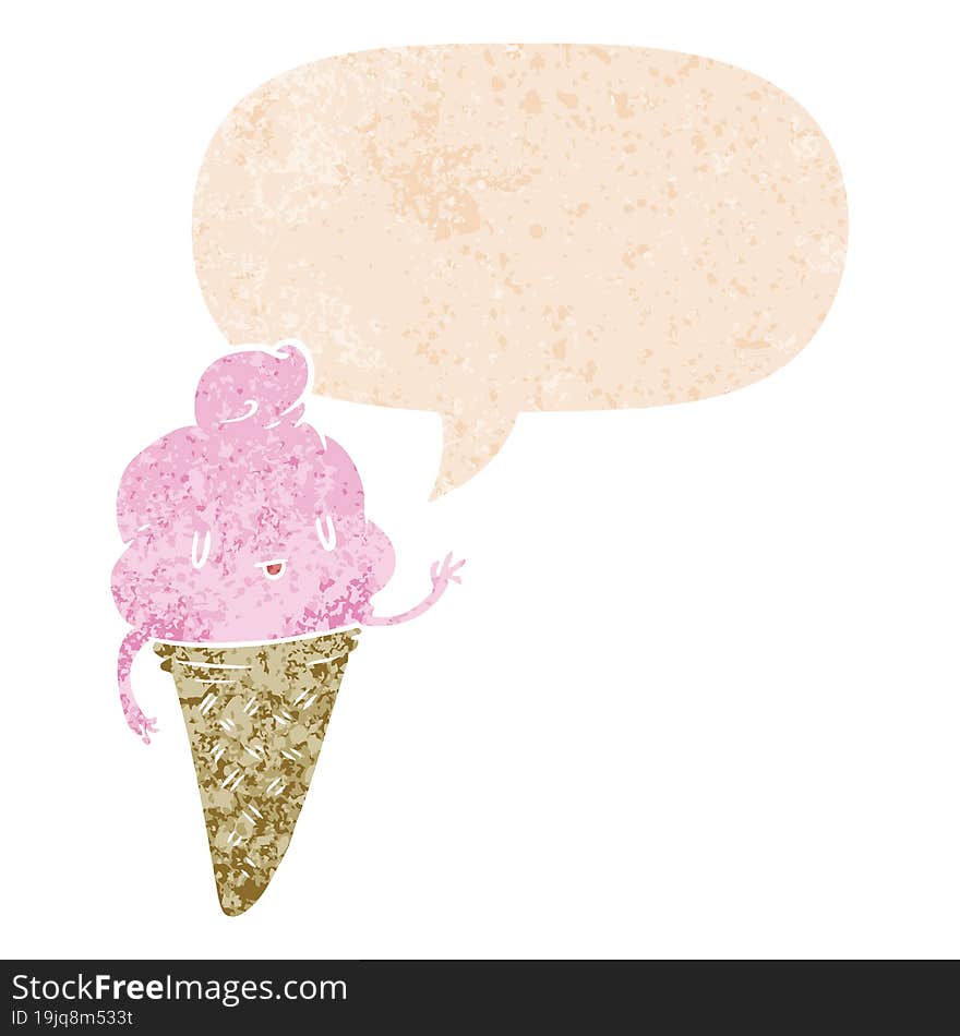 cute cartoon ice cream and speech bubble in retro textured style