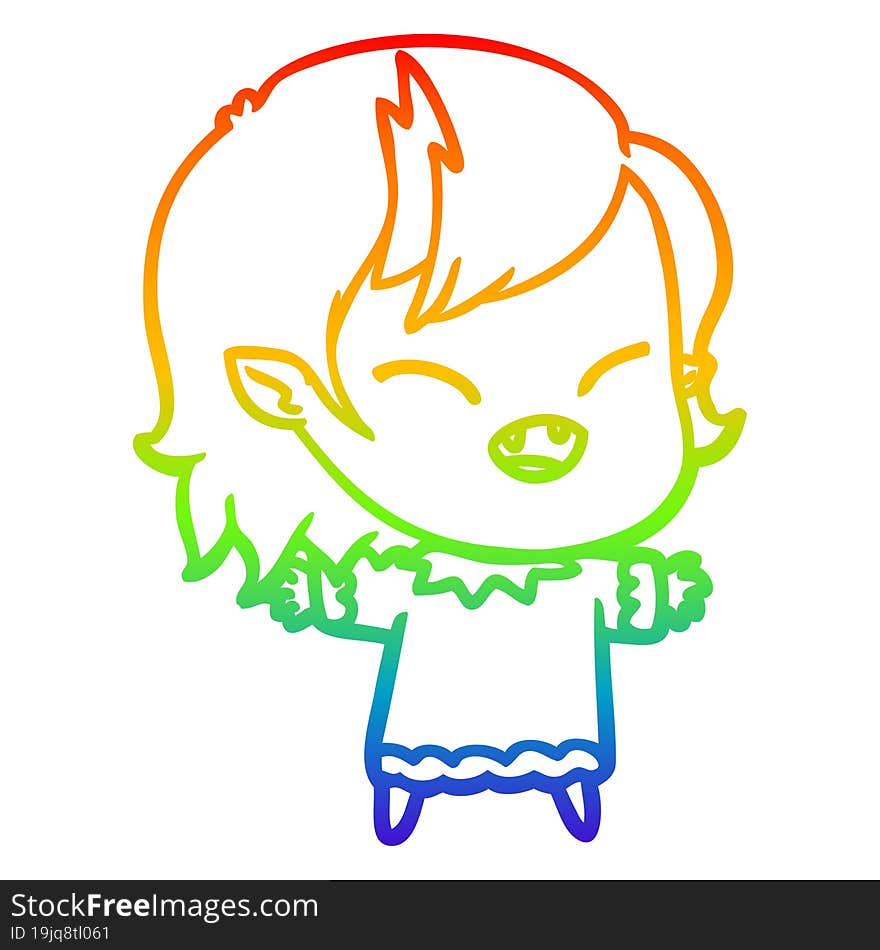 rainbow gradient line drawing of a cartoon laughing vampire girl