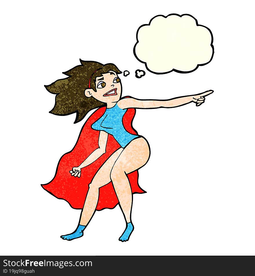 cartoon superhero woman pointing with thought bubble