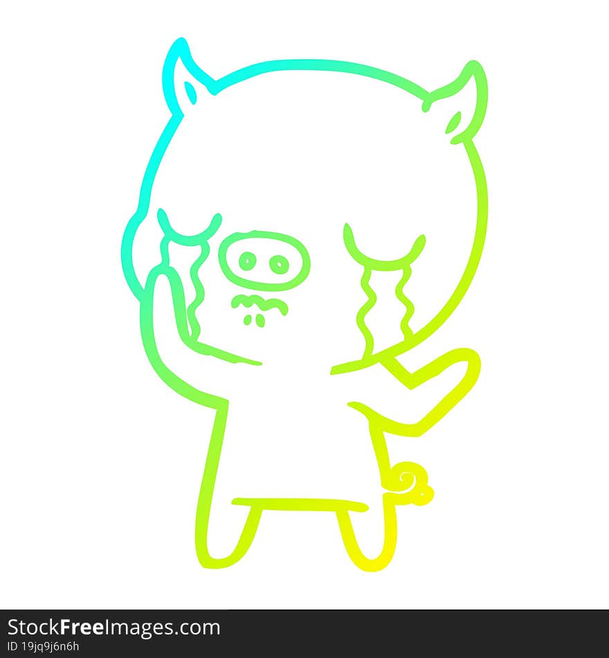 cold gradient line drawing of a cartoon pig crying