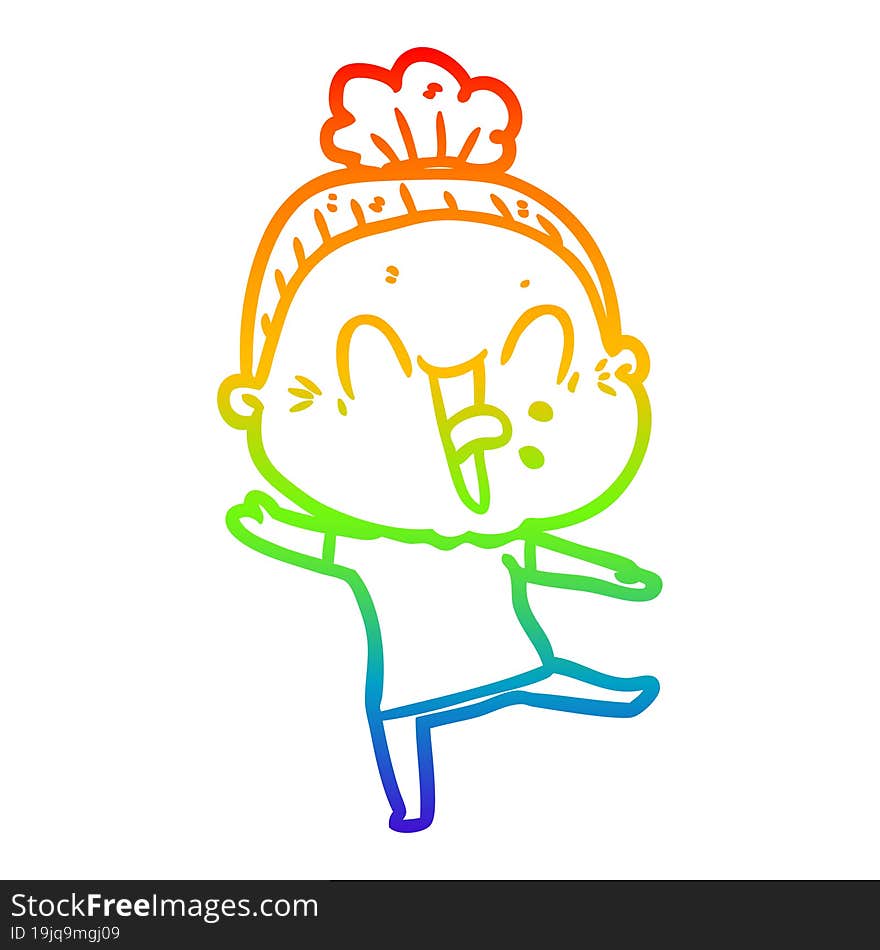 rainbow gradient line drawing of a cartoon happy old woman