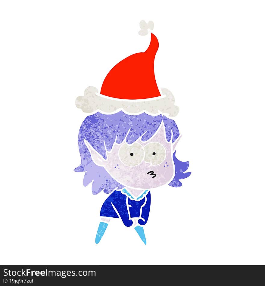 Retro Cartoon Of A Elf Girl Staring And Crouching Wearing Santa Hat