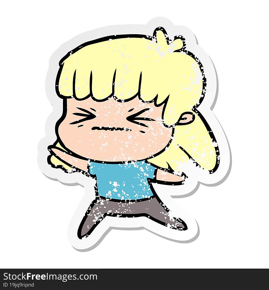 distressed sticker of a cartoon angry girl