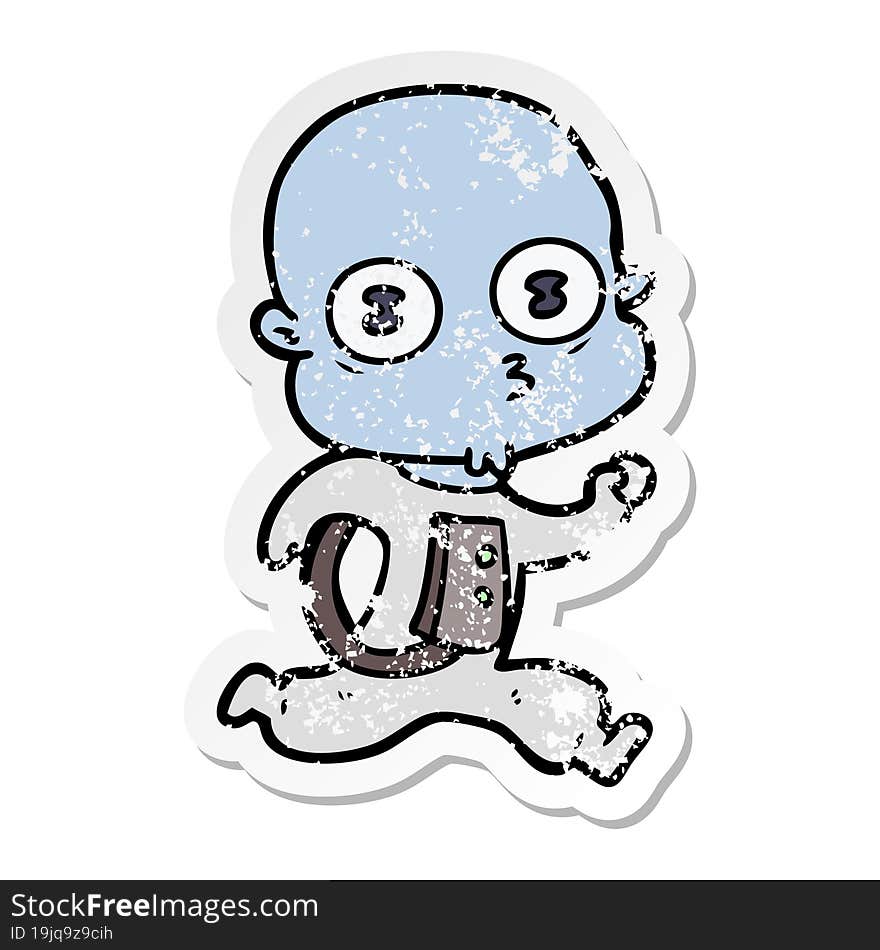 distressed sticker of a cartoon weird bald spaceman running