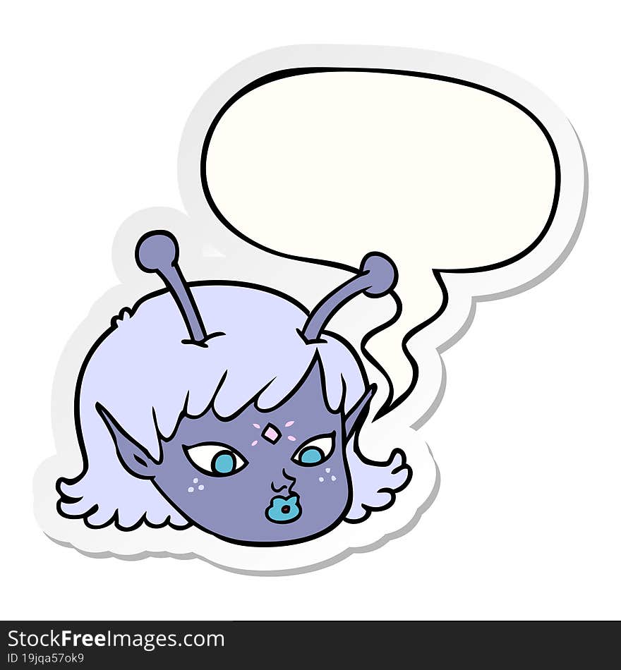 cartoon alien space girl face and speech bubble sticker