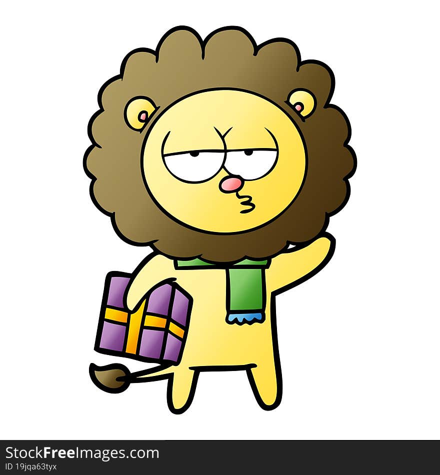 cartoon tired lion with gift. cartoon tired lion with gift