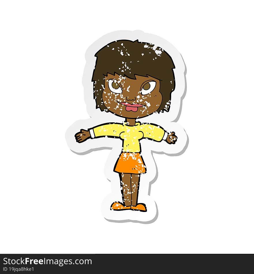 retro distressed sticker of a cartoon woman with open amrs