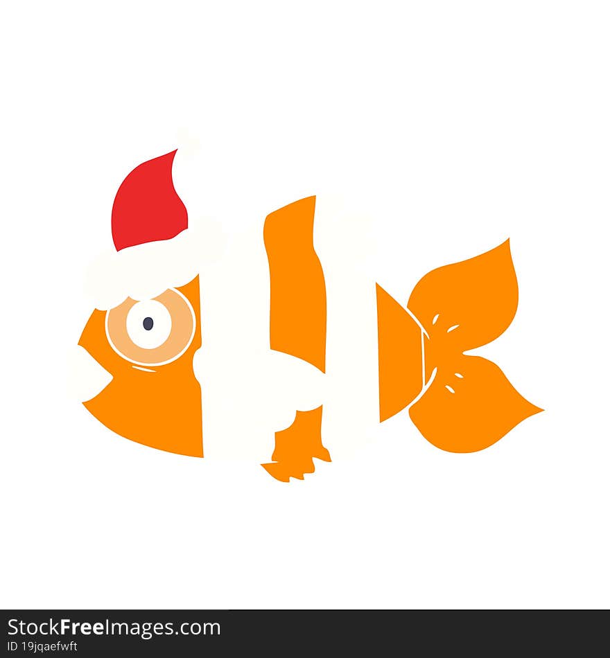 flat color illustration of a exotic fish wearing santa hat