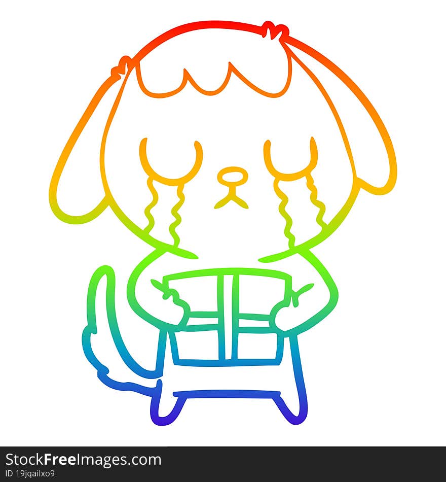 rainbow gradient line drawing cute cartoon dog with christmas present