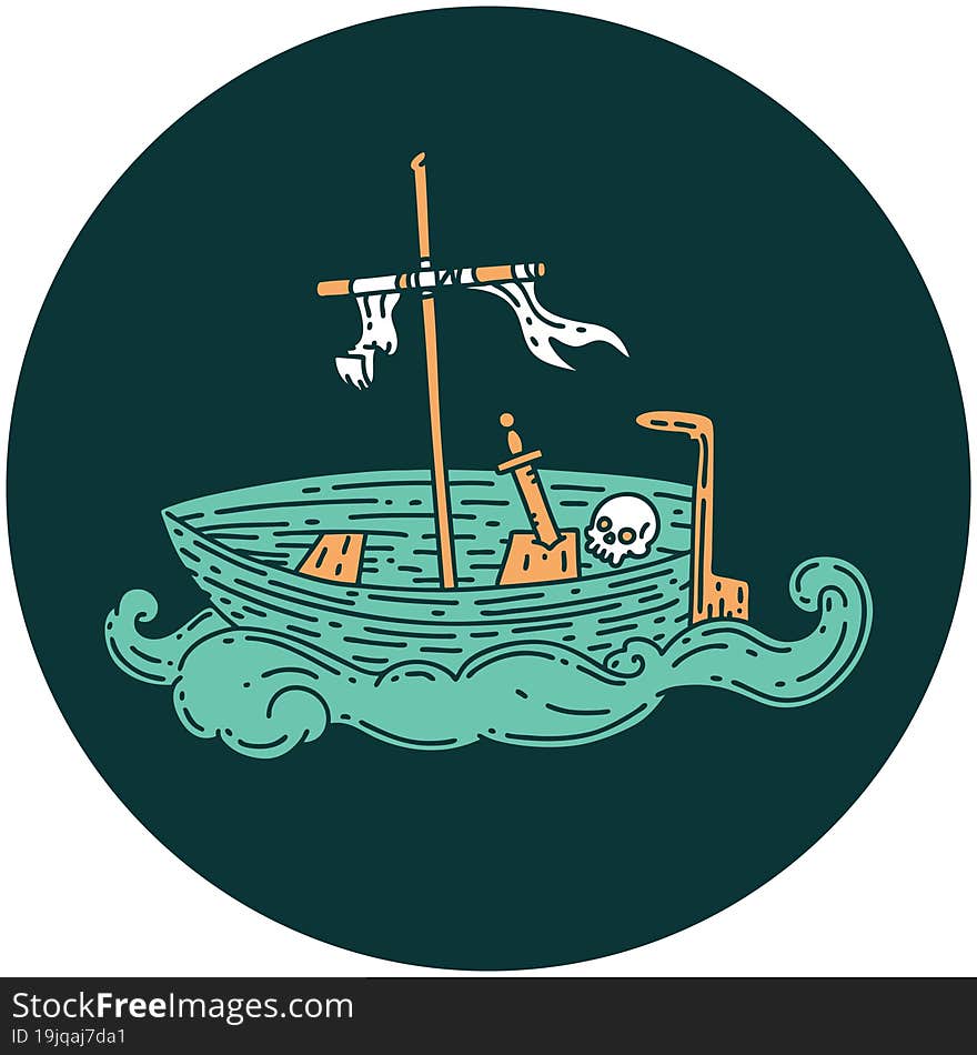 Icon Of Tattoo Style Empty Boat With Skull