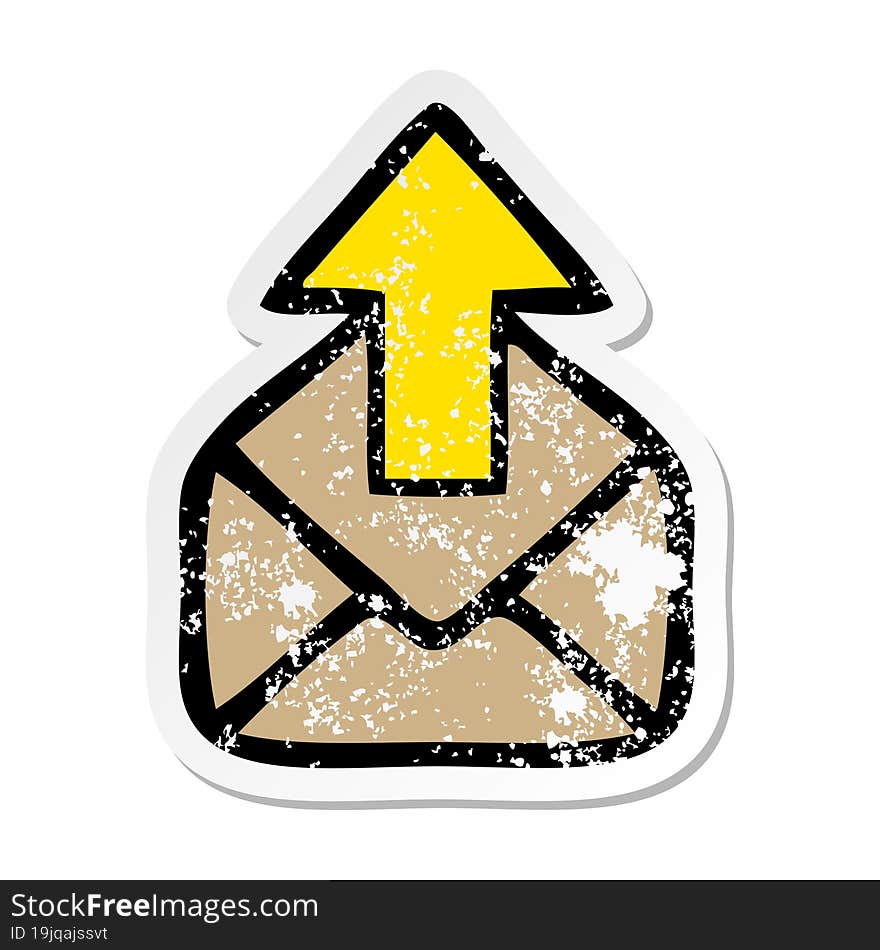 Distressed Sticker Of A Cute Cartoon Envelope With Arrow