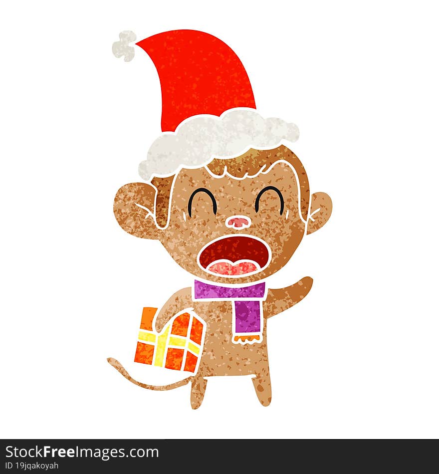 shouting retro cartoon of a monkey carrying christmas gift wearing santa hat