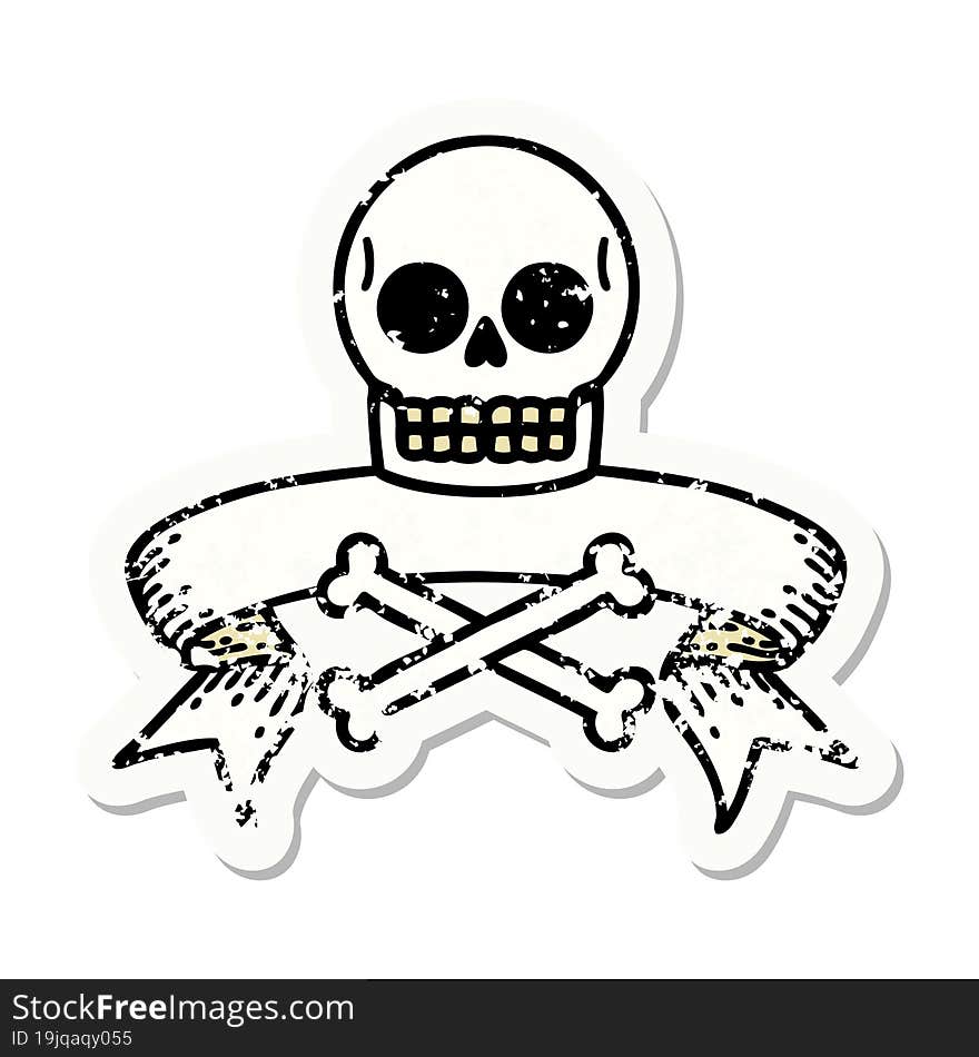 Grunge Sticker With Banner Of A Skull And Bones