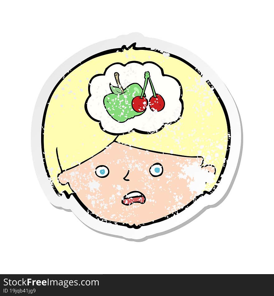 Retro Distressed Sticker Of A Cartoon Man Thinking About Healthy Eating