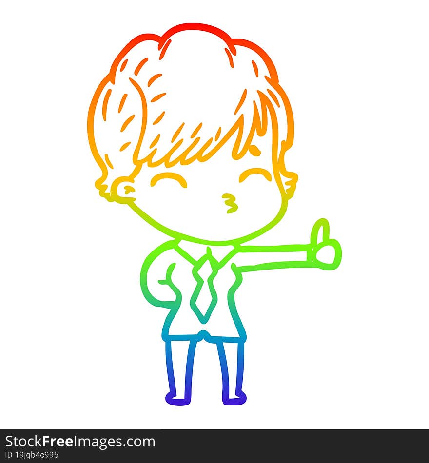 Rainbow Gradient Line Drawing Cartoon Woman Thinking