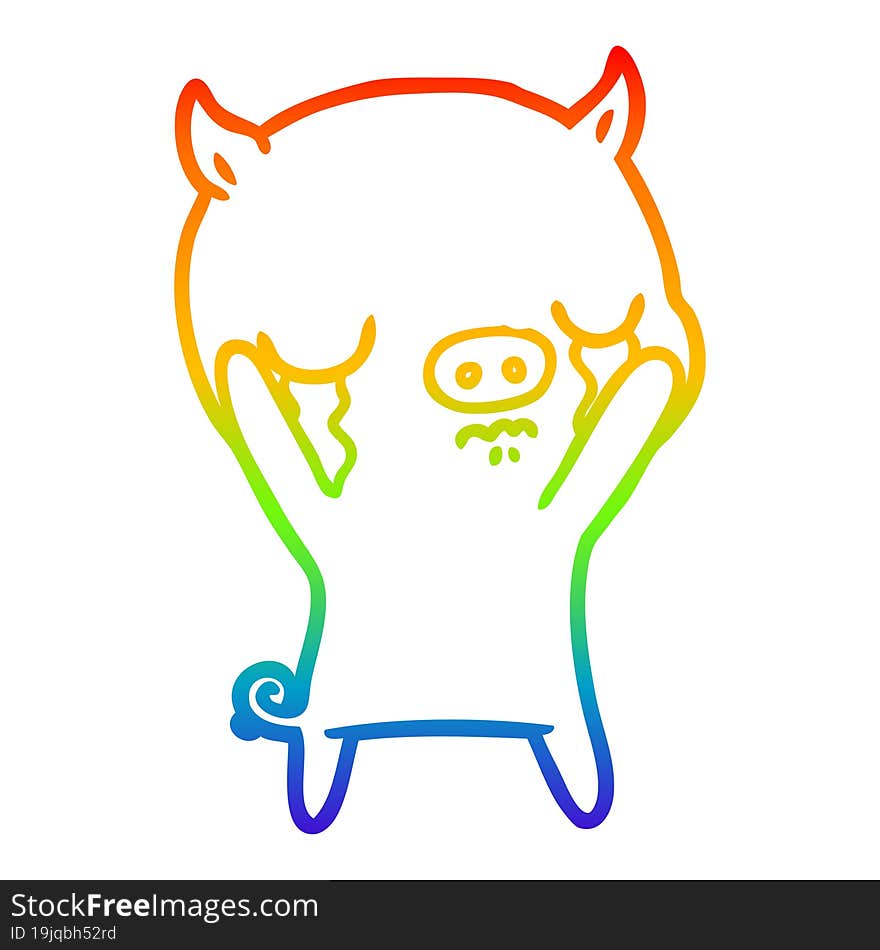 rainbow gradient line drawing of a cartoon pig crying