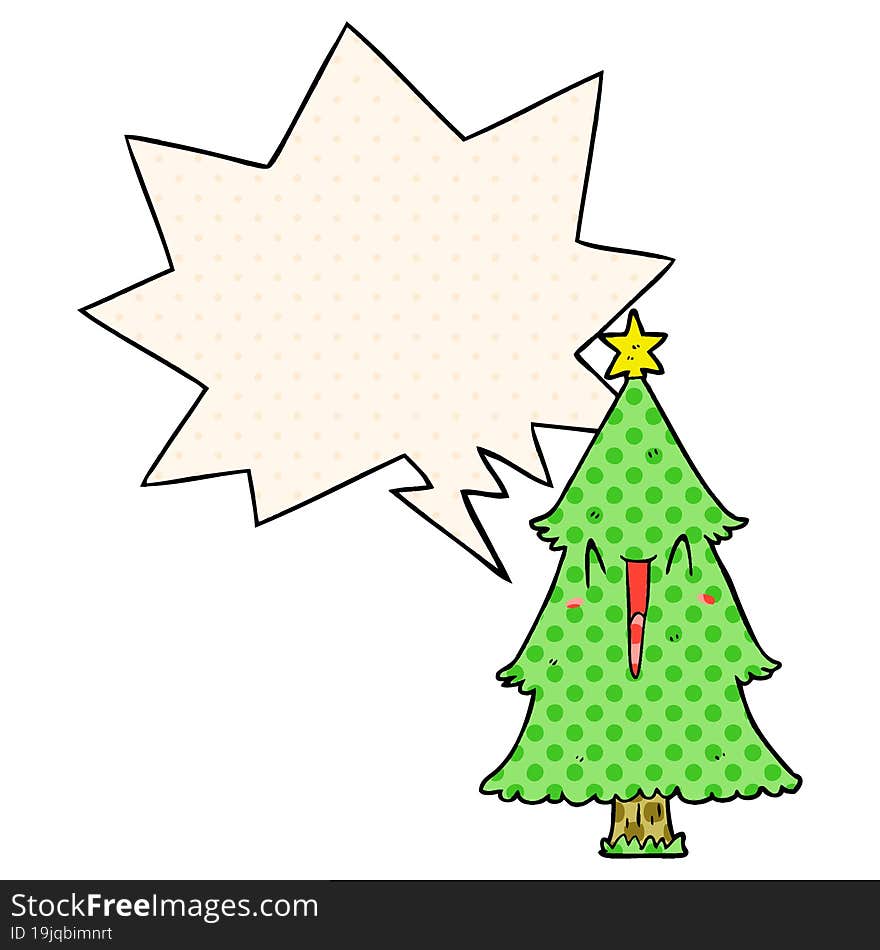 cartoon christmas tree and speech bubble in comic book style