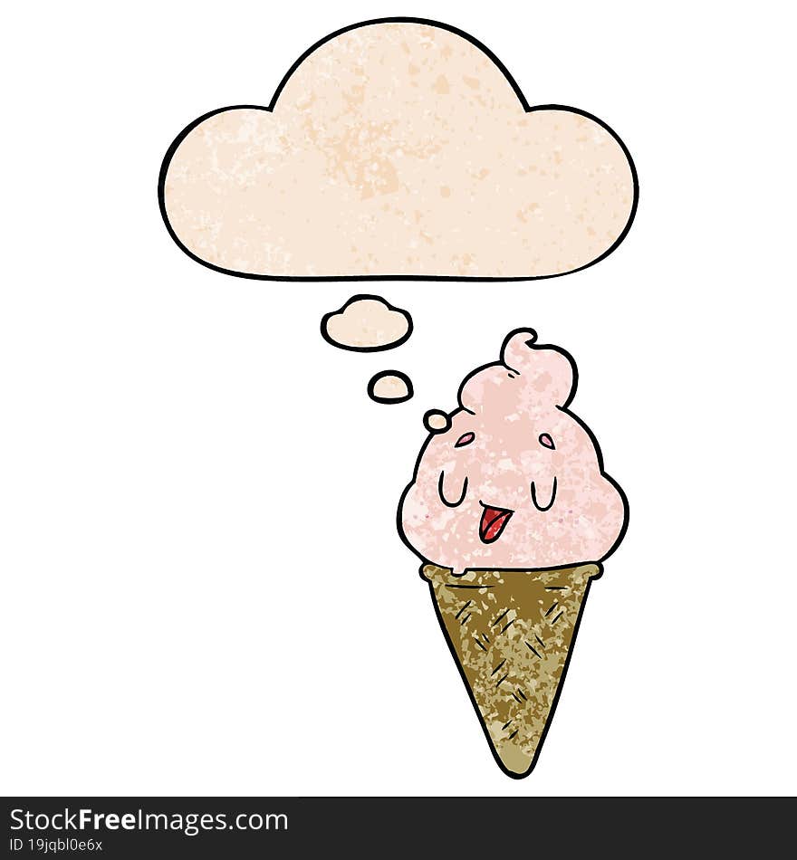 cute cartoon ice cream and thought bubble in grunge texture pattern style