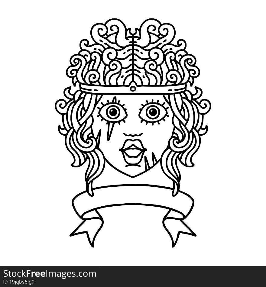 Black and White Tattoo linework Style human barbarian character with banner. Black and White Tattoo linework Style human barbarian character with banner