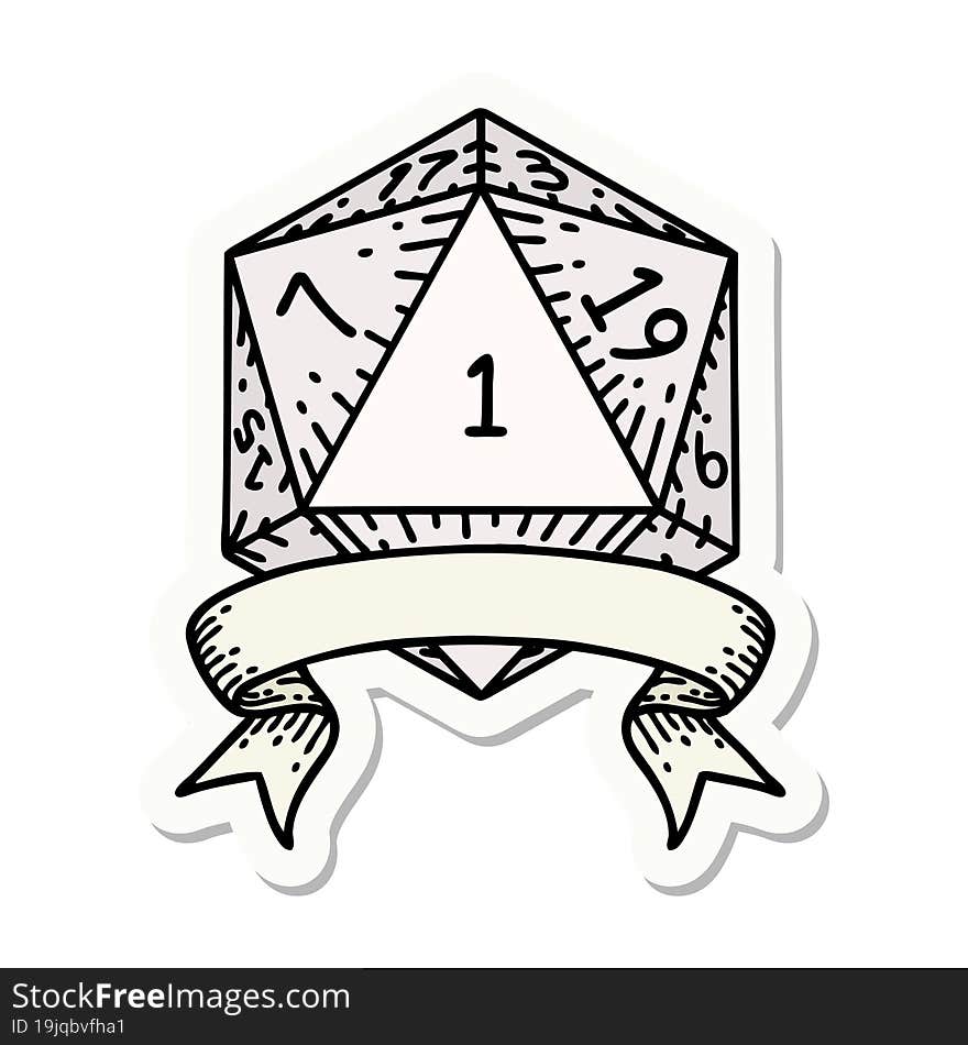 sticker of a natural one d20 dice roll. sticker of a natural one d20 dice roll