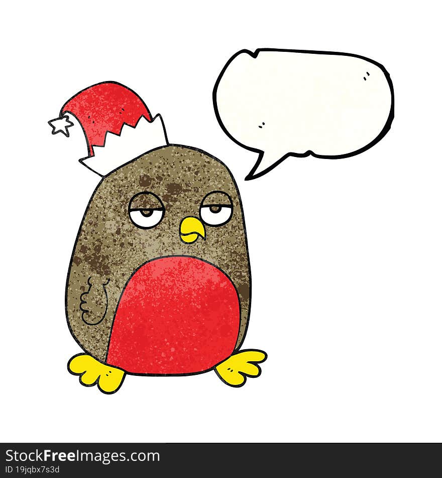 speech bubble textured cartoon christmas robin wearing santa hat