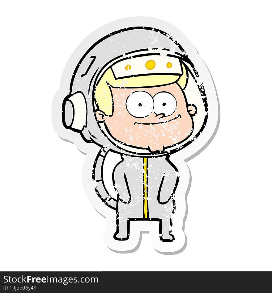 distressed sticker of a happy astronaut cartoon