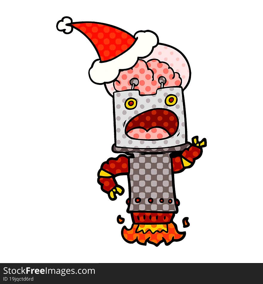 comic book style illustration of a robot wearing santa hat