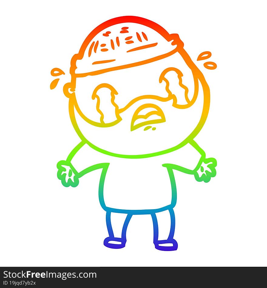 rainbow gradient line drawing cartoon bearded man crying