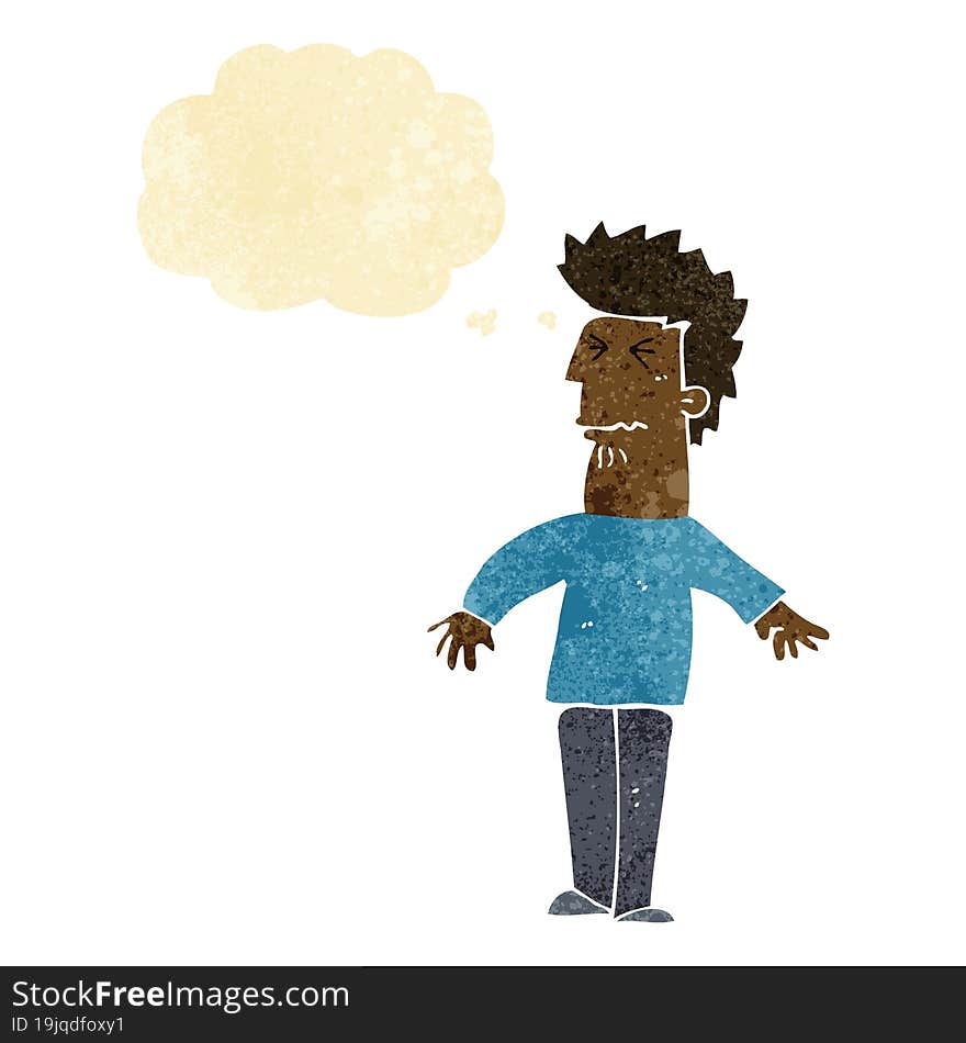 cartoon stressed man with thought bubble