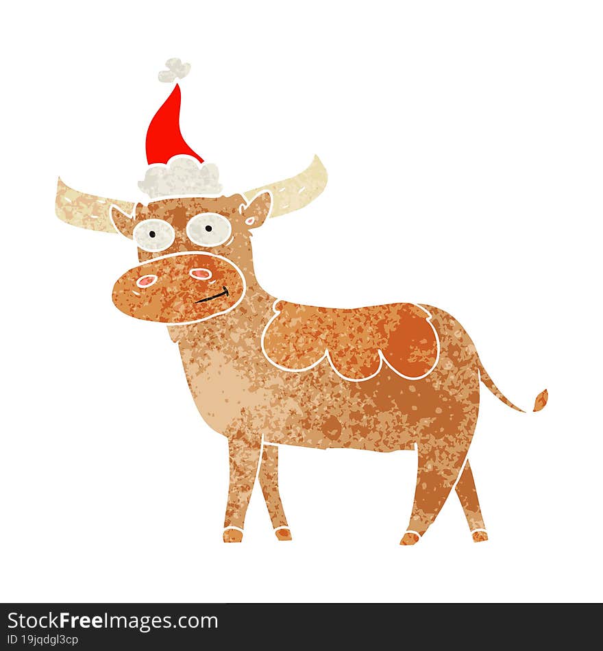 Retro Cartoon Of A Bull Wearing Santa Hat