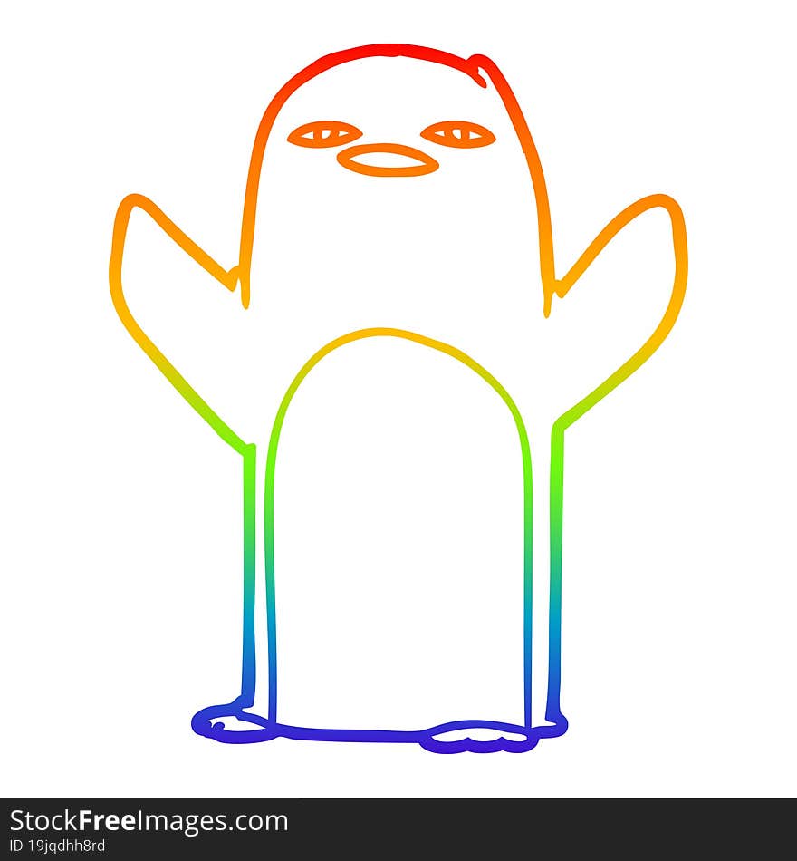 rainbow gradient line drawing of a cartoon penguin