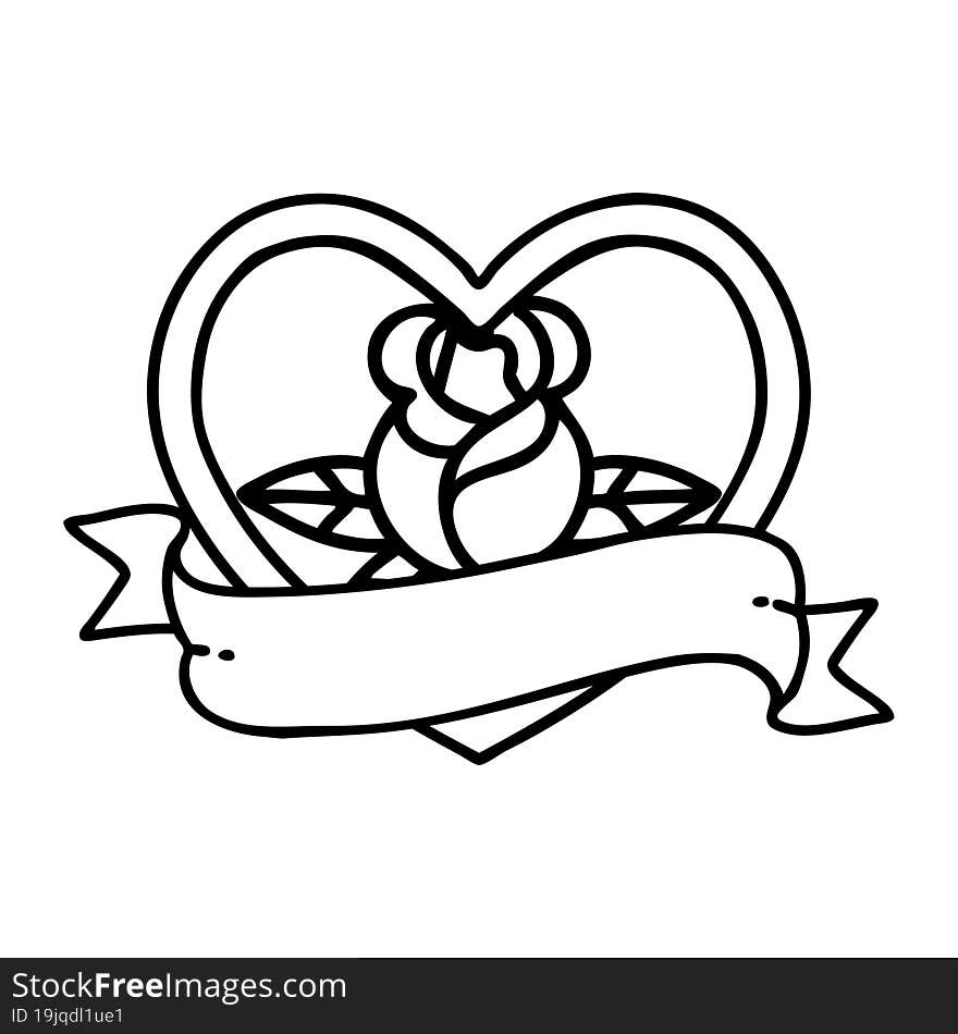 tattoo in black line style of a heart rose and banner. tattoo in black line style of a heart rose and banner