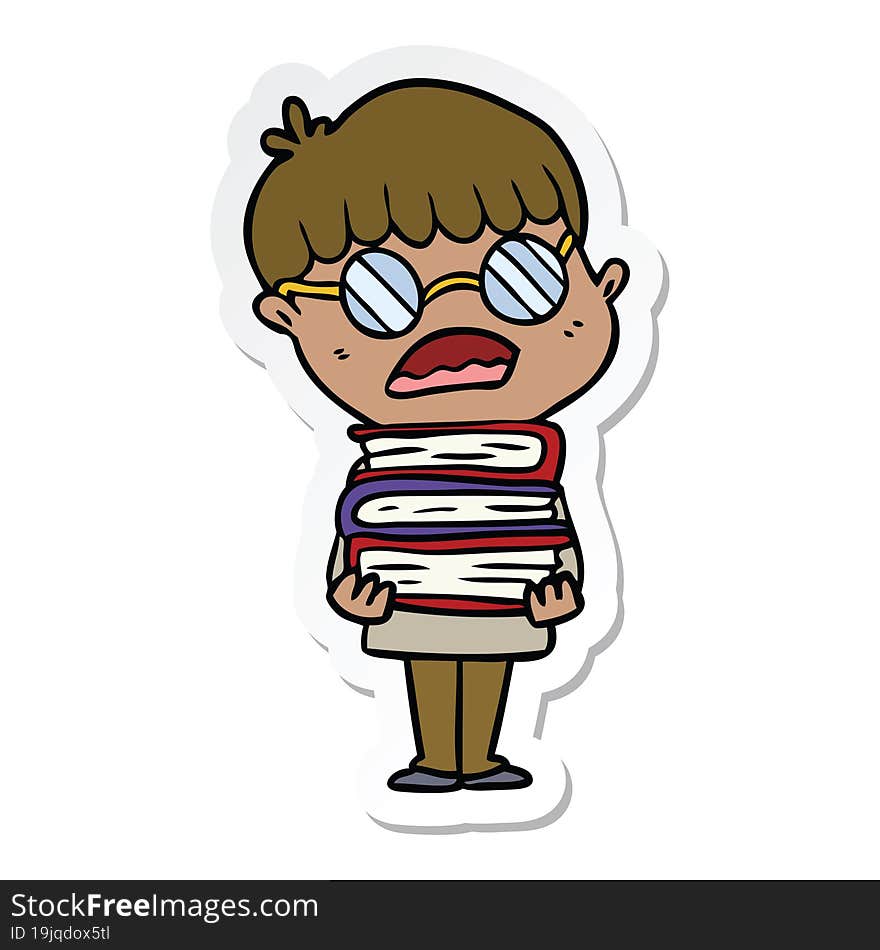 sticker of a cartoon boy with books wearing spectacles