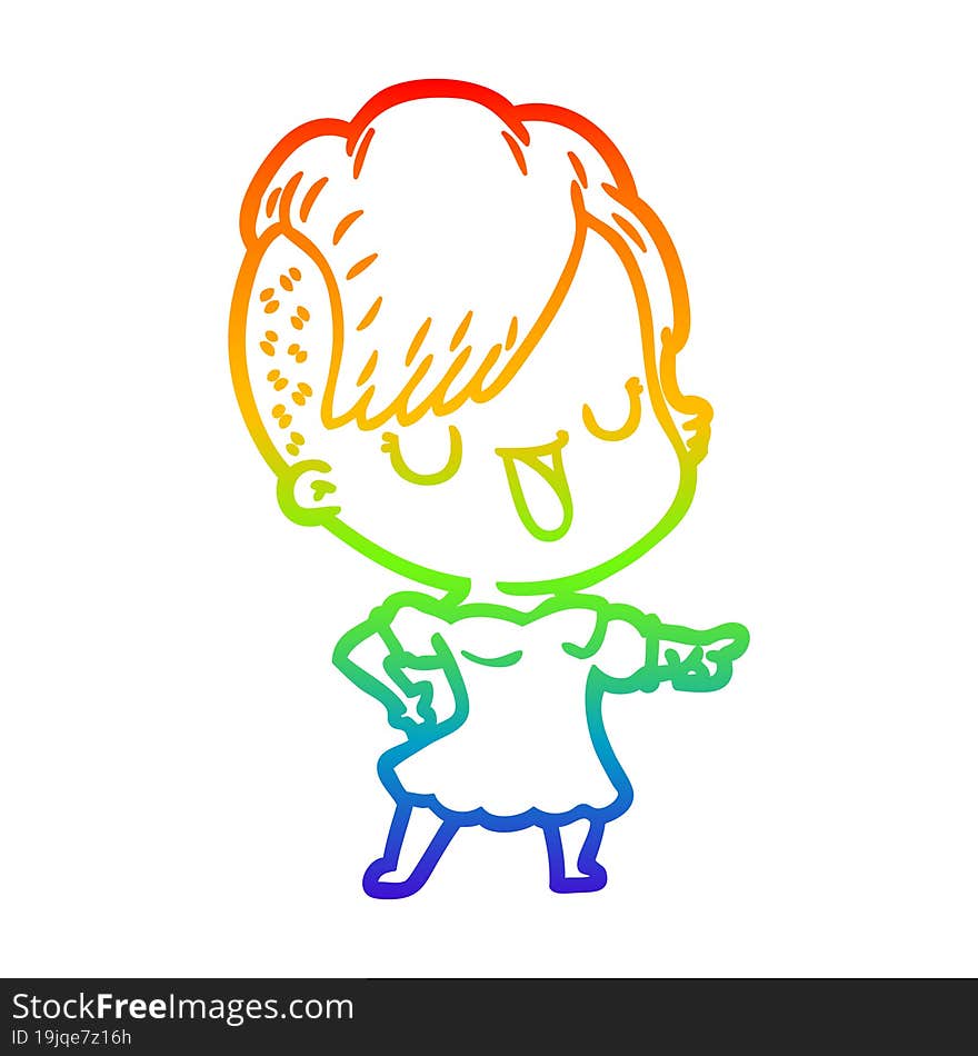 Rainbow Gradient Line Drawing Cute Cartoon Girl With Hipster Haircut